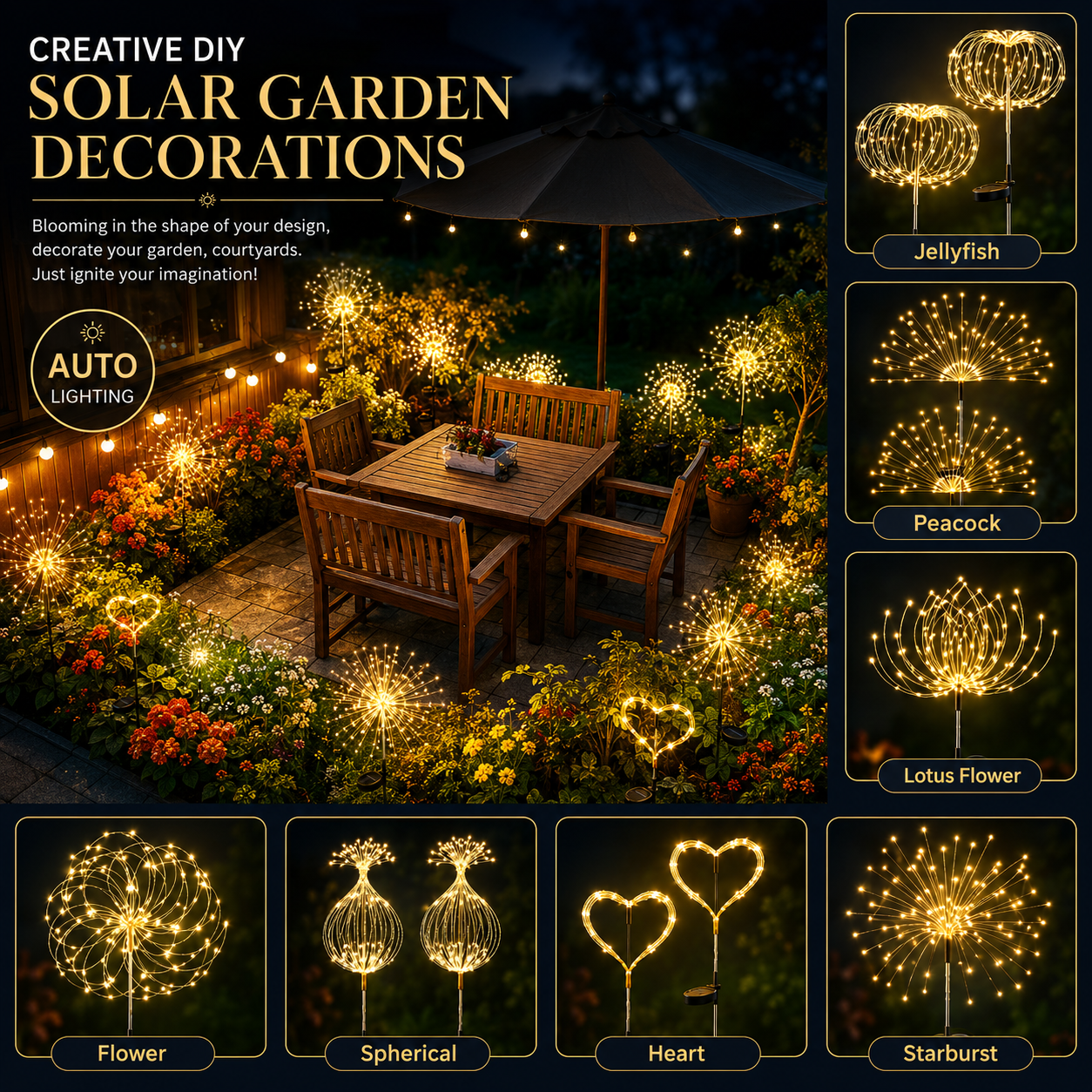 GIGALUMI solar garden decor lights with warm white firework-style LEDs for outdoor yard and patio decoration