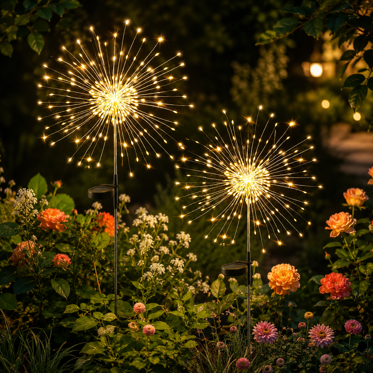 GIGALUMI solar garden decor lights with warm white firework-style LEDs for outdoor yard and patio decoration.
