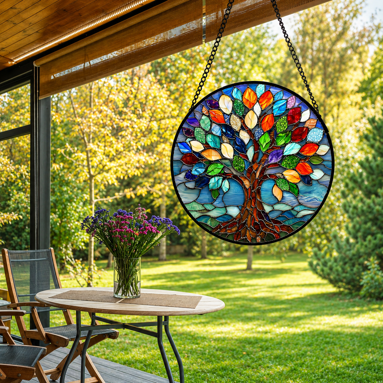 DASTOLL colorful Tree of Life-stained glass window hanging suncatcher displayed near a bright sunny window.