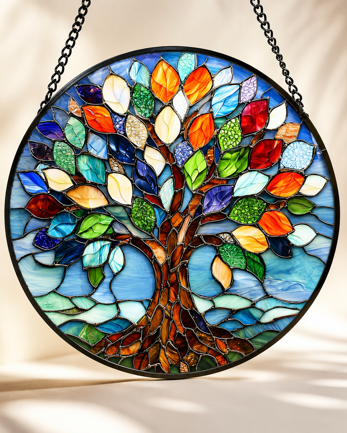 DASTOLL colorful Tree of Life-stained glass window hanging suncatcher displayed near a bright sunny window.
