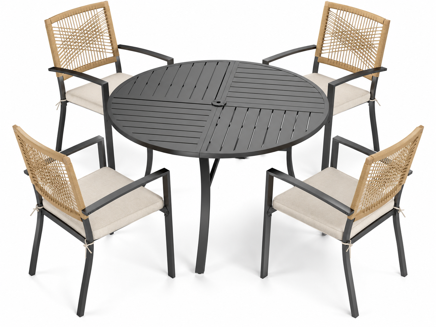 PHI VILLA 5 Pieces Patio Table and Chairs Set with round outdoor dining table and four cushioned chairs on a patio.
