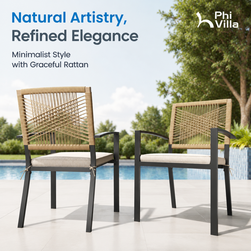 PHI VILLA 5 Pieces Patio Table and Chairs Set with round outdoor dining table and four cushioned chairs on a patio.