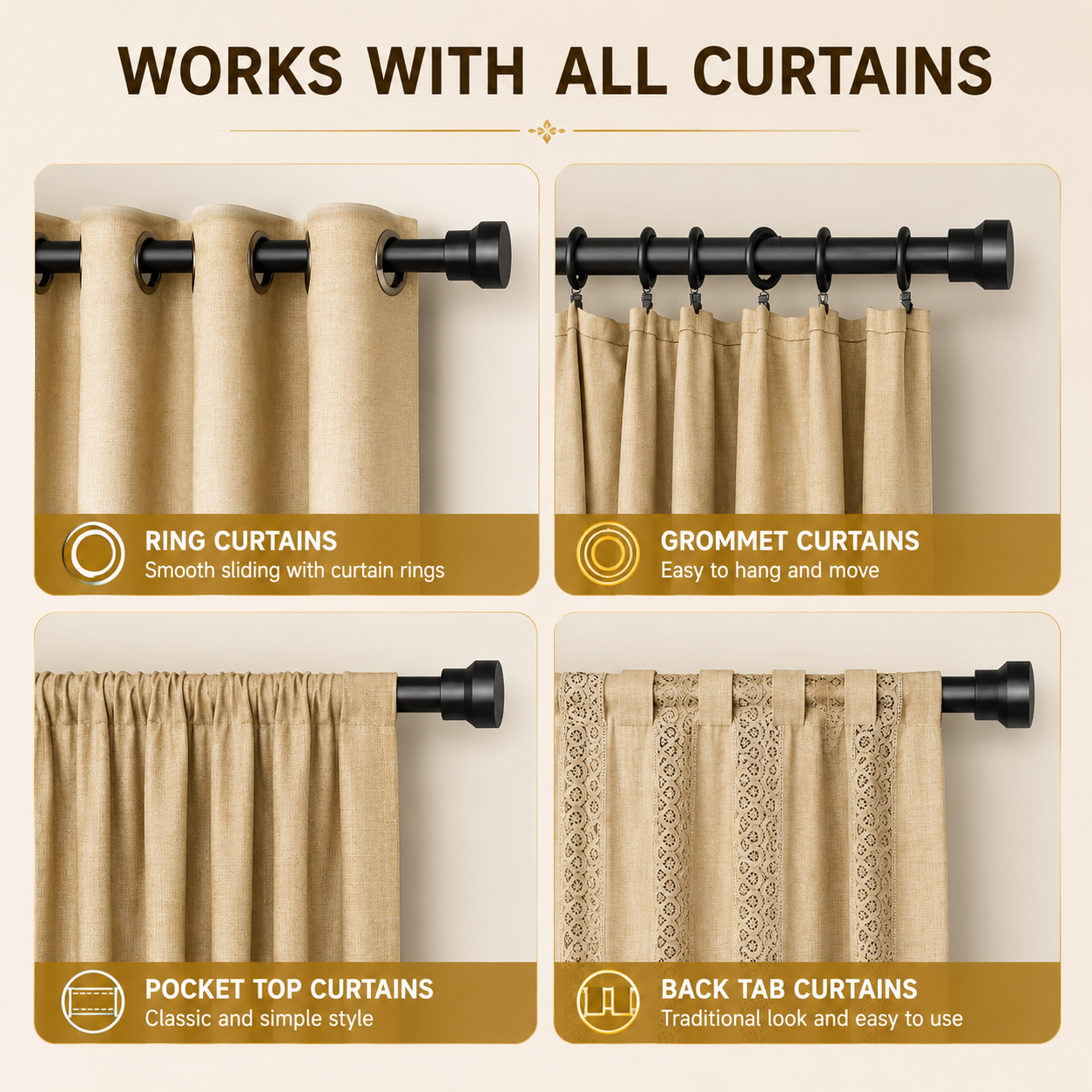 YaFex heavy duty adjustable black curtain rod installed above a large living room window with modern curtains