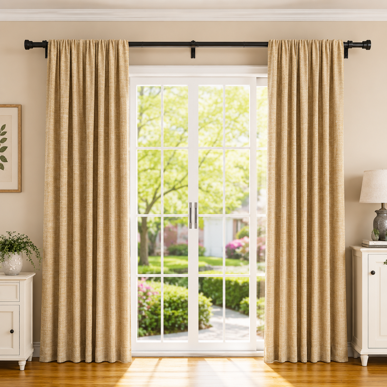 YaFex heavy duty adjustable black curtain rod installed above a large living room window with modern curtains