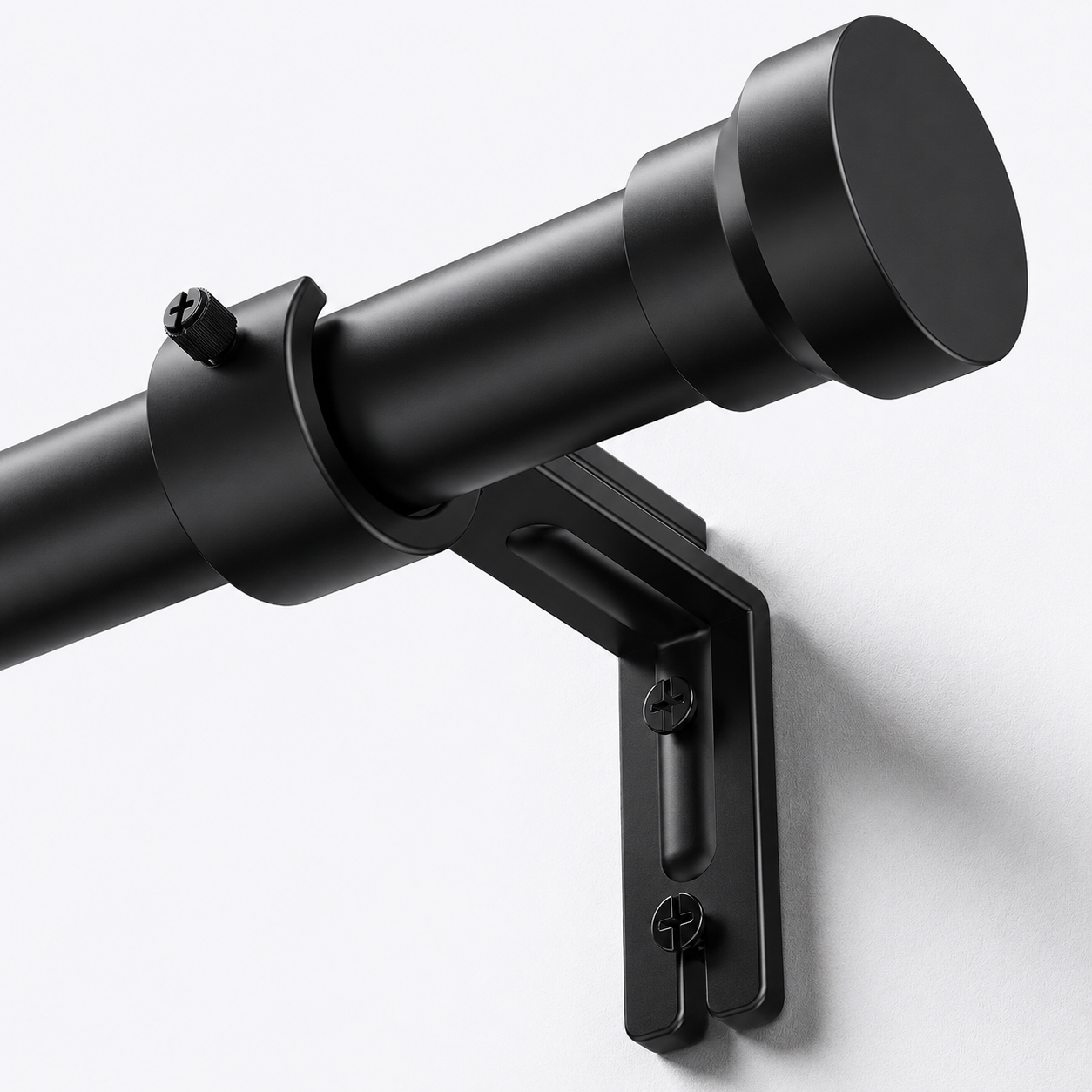 YaFex heavy duty adjustable black curtain rod installed above a large living room window with modern curtains