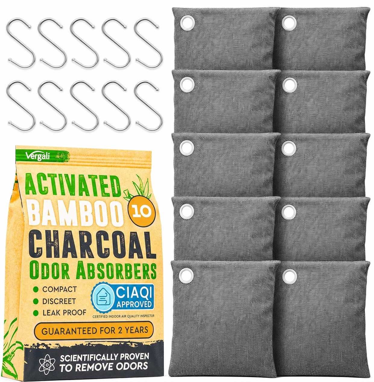 Grey activated bamboo charcoal odor absorber bags arranged beside shoes and a closet shelf.