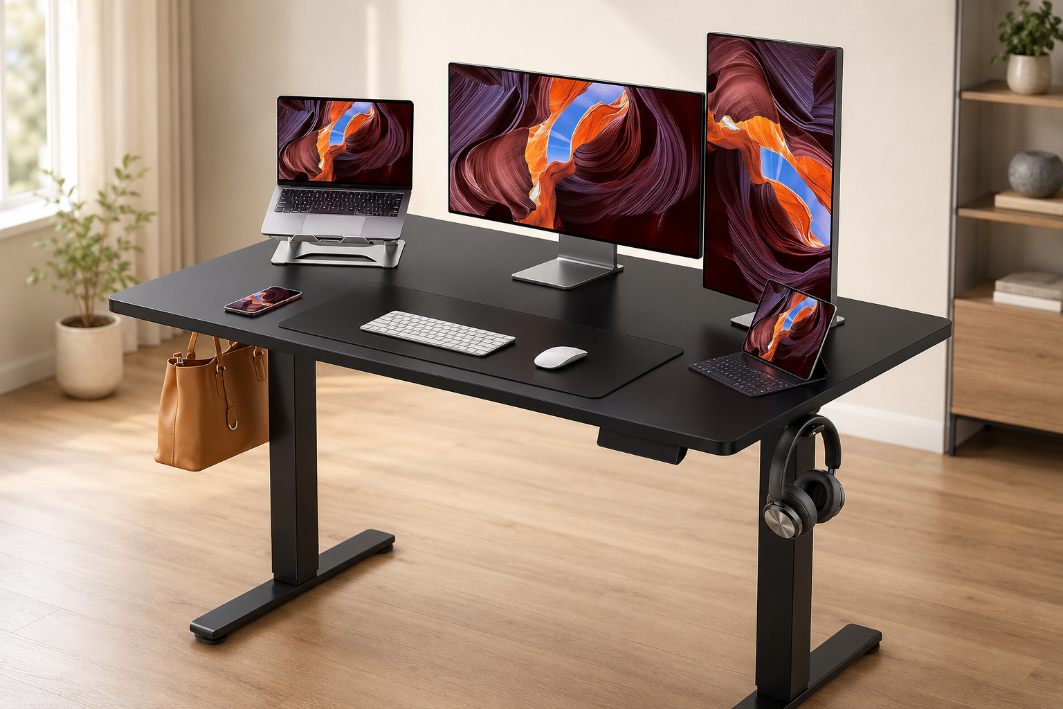 Black 48 × 24-inch electric standing desk with a monitor and laptop in a compact home office.