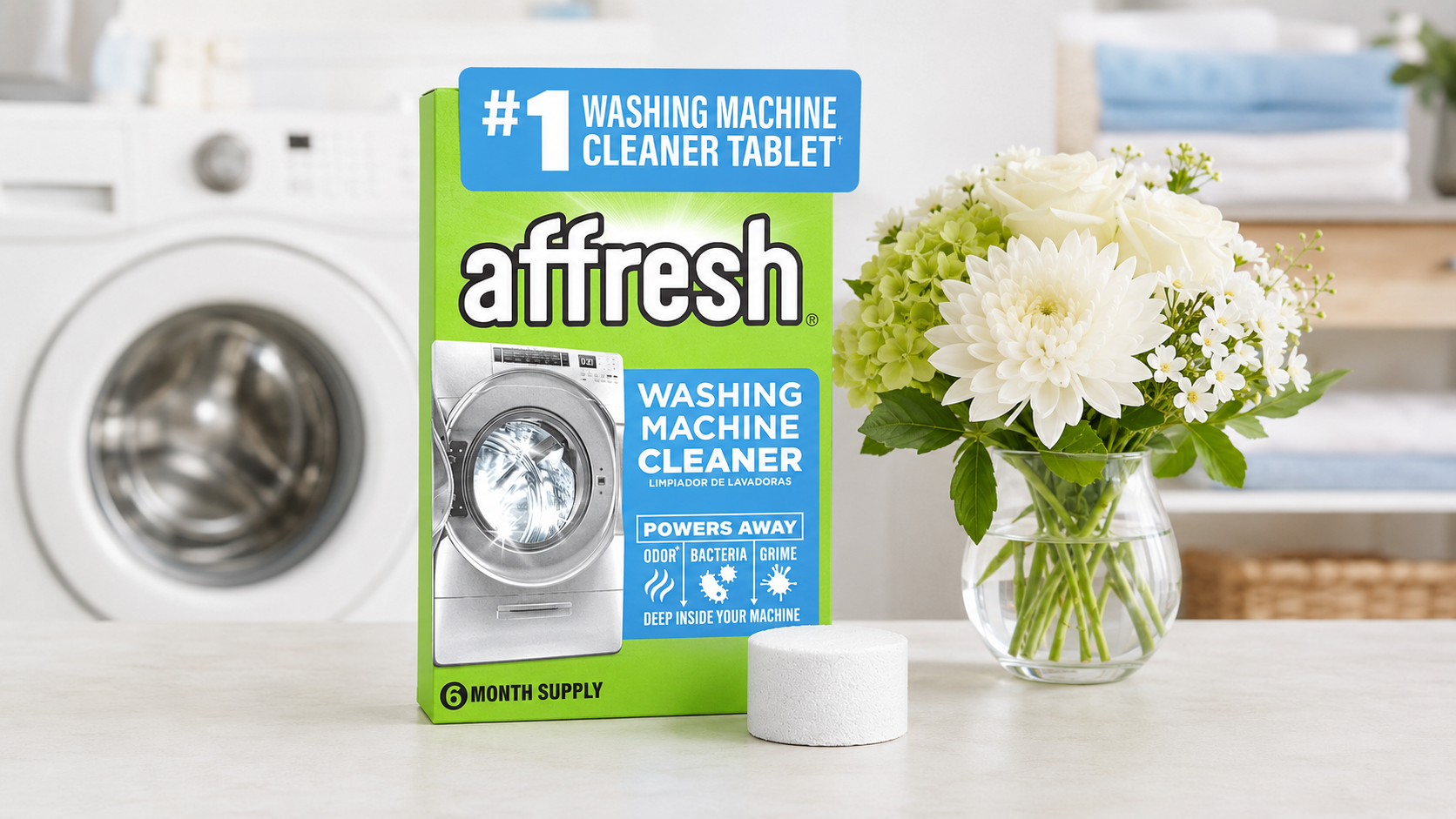 Affresh Washing Machine Cleaner six-tablet package beside a clean front-load washing machine.