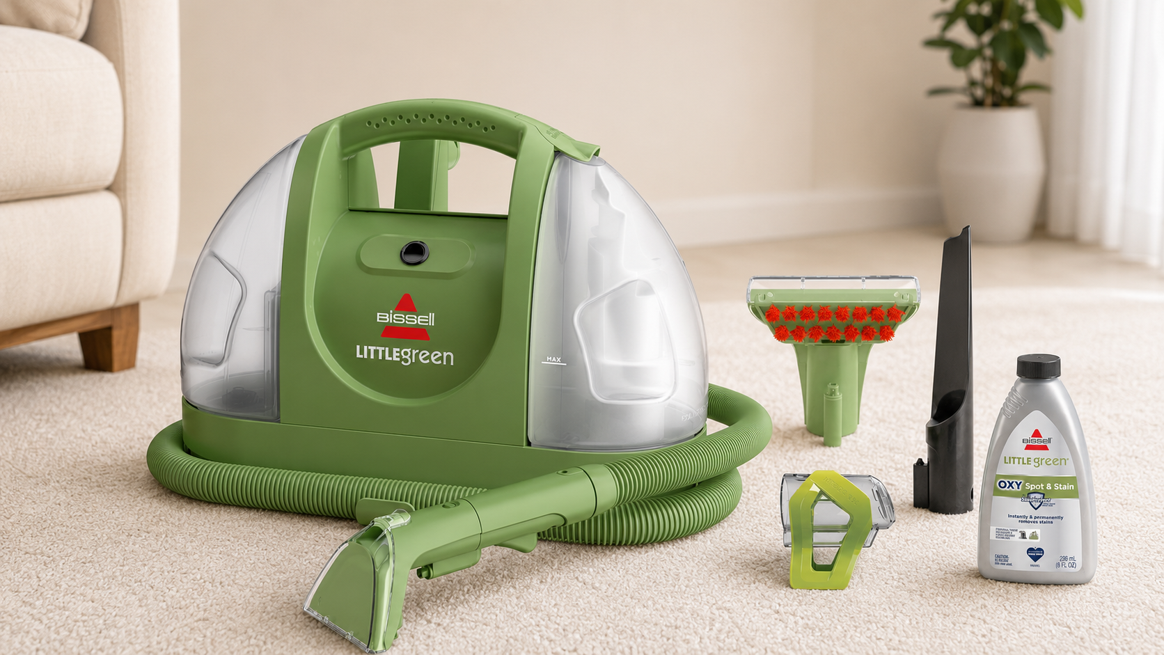 BISSELL Little Green 1400B portable carpet cleaner for cleaning carpet, upholstery, stairs, and car interiors