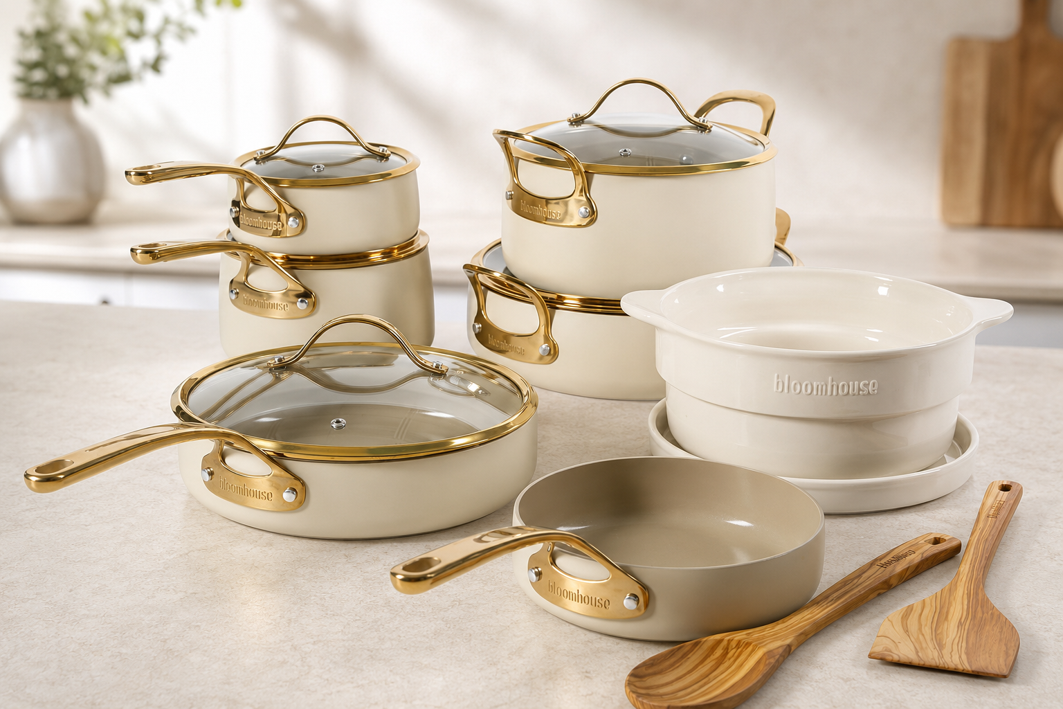 Bloomhouse 15-piece ceramic nonstick cookware set in Almond Cream with gold-tone handles, glass lids, steamer insert, and wooden utensils.
