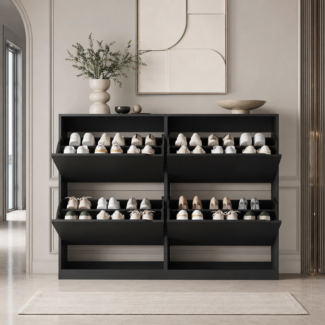 Black Xixini entryway shoe storage cabinet with six flip drawers in a bright modern hallway