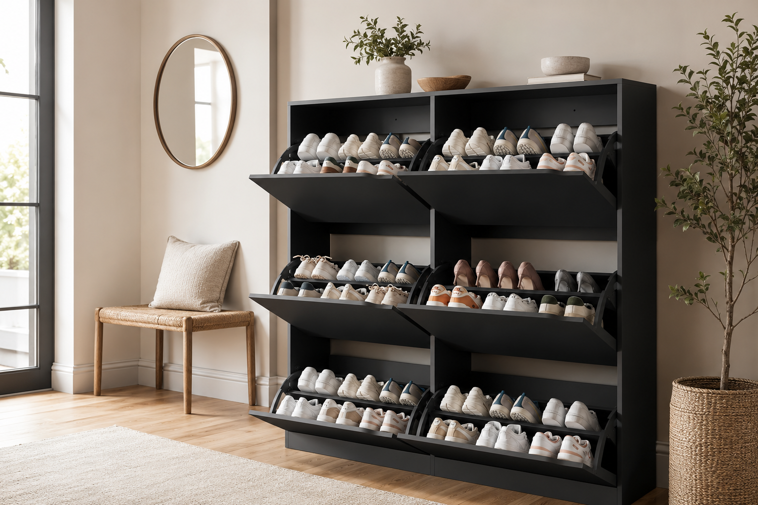 Black Xixini entryway shoe storage cabinet with six flip drawers in a bright modern hallway