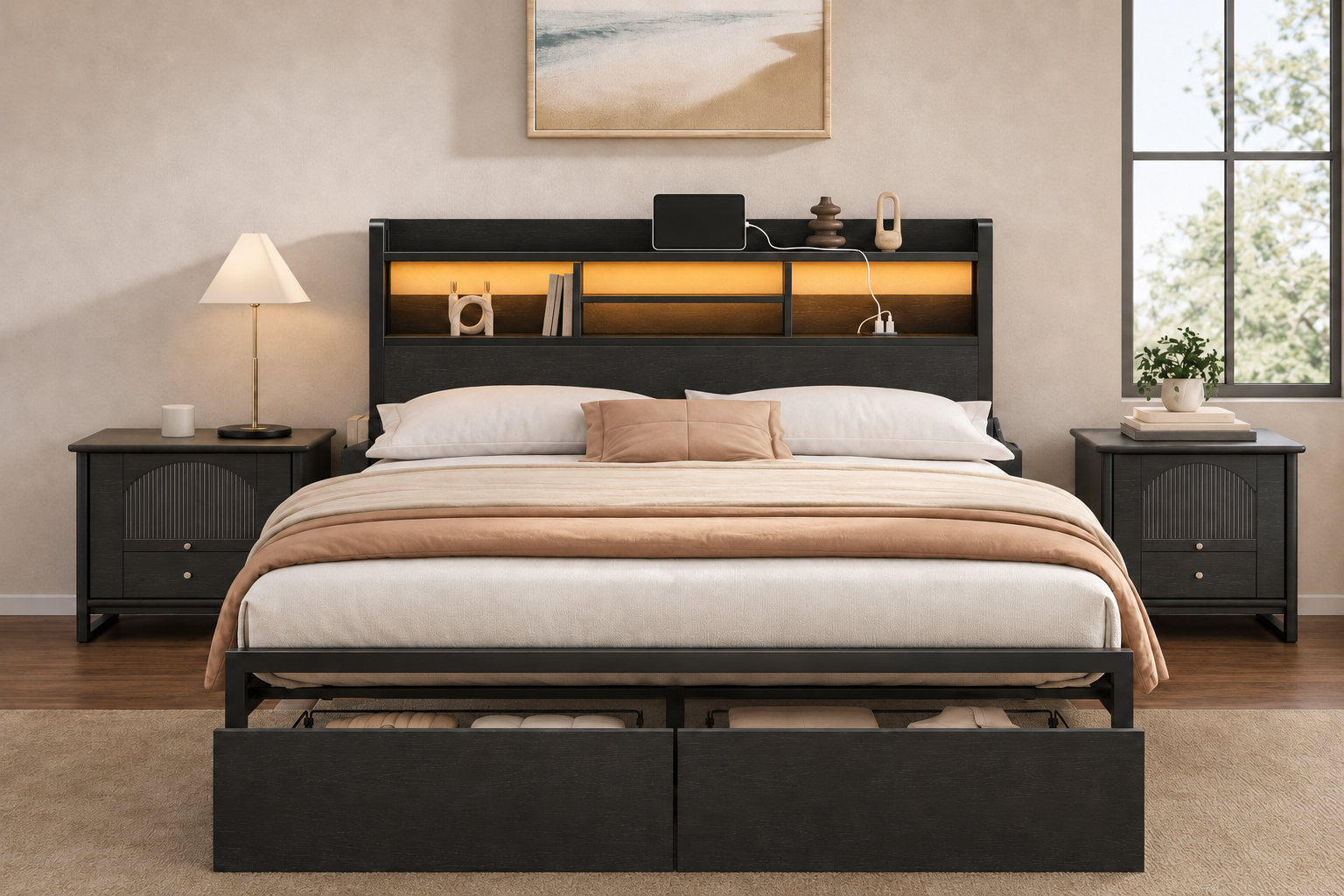 full size storage bed with black oak headboard, charging station, LED lights, and two under-bed drawers.