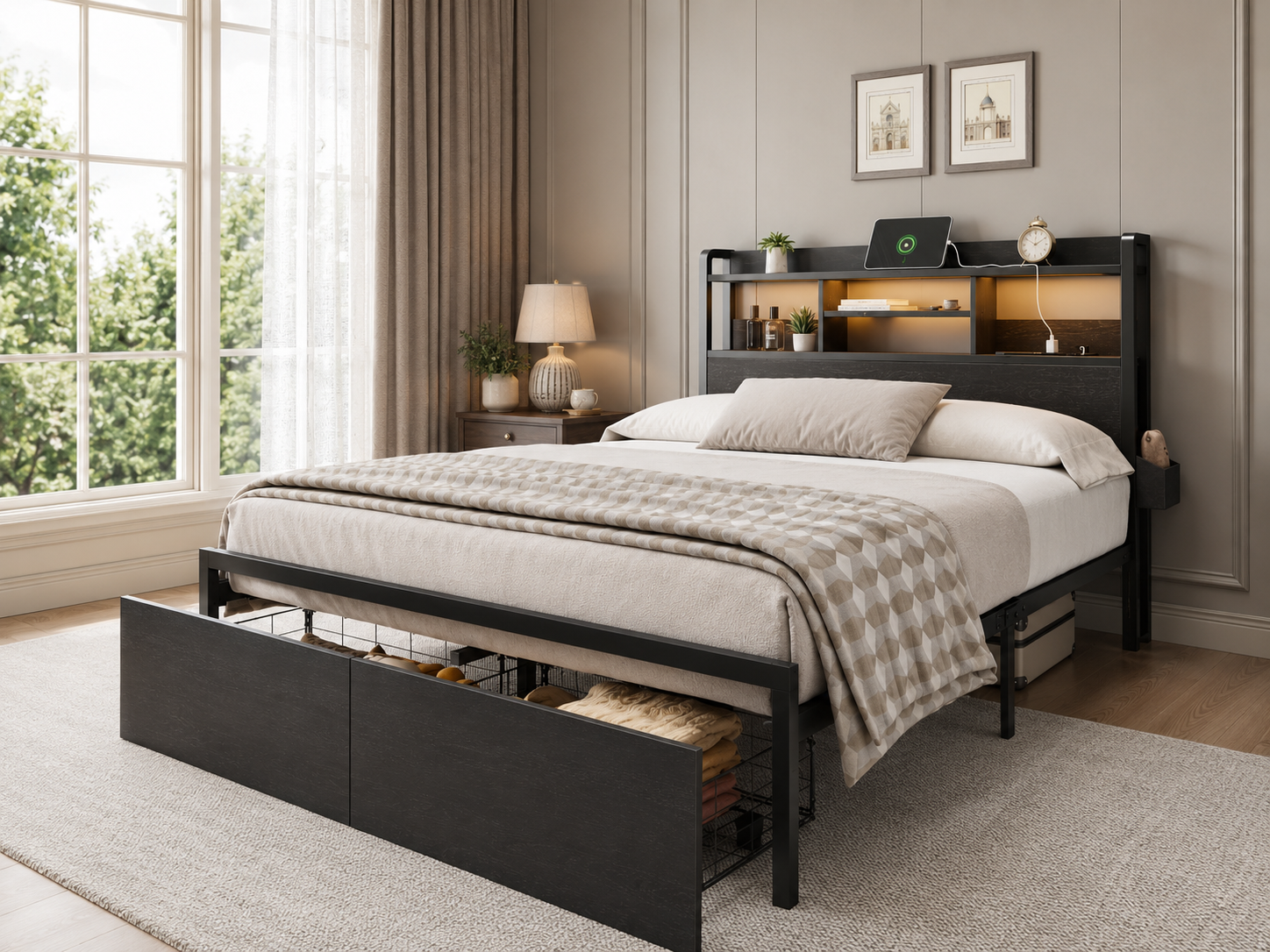 full size storage bed with black oak headboard, charging station, LED lights, and two under-bed drawers.