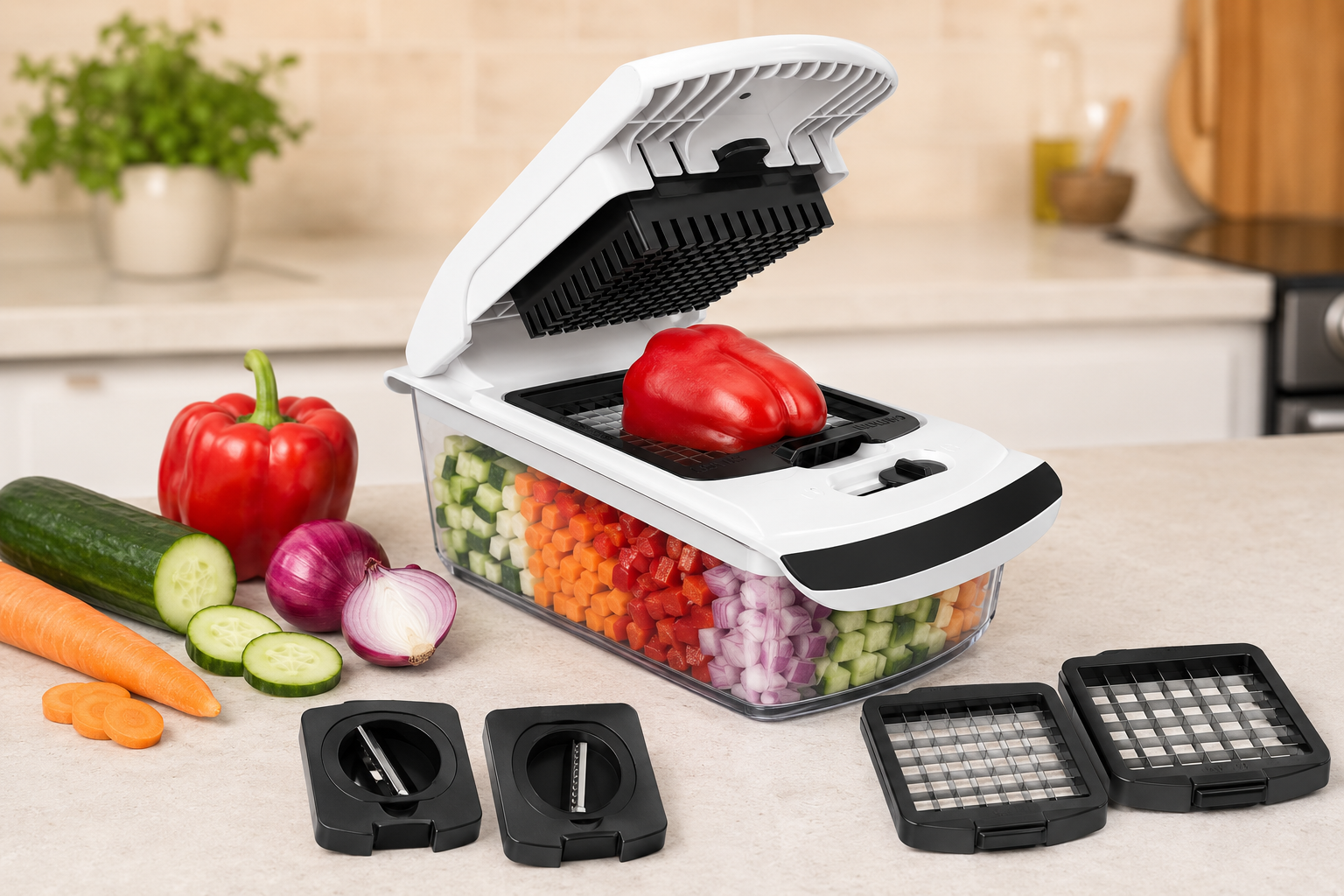 Fullstar Pro Vegetable Chopper with container, interchangeable blades, and freshly diced vegetables.
