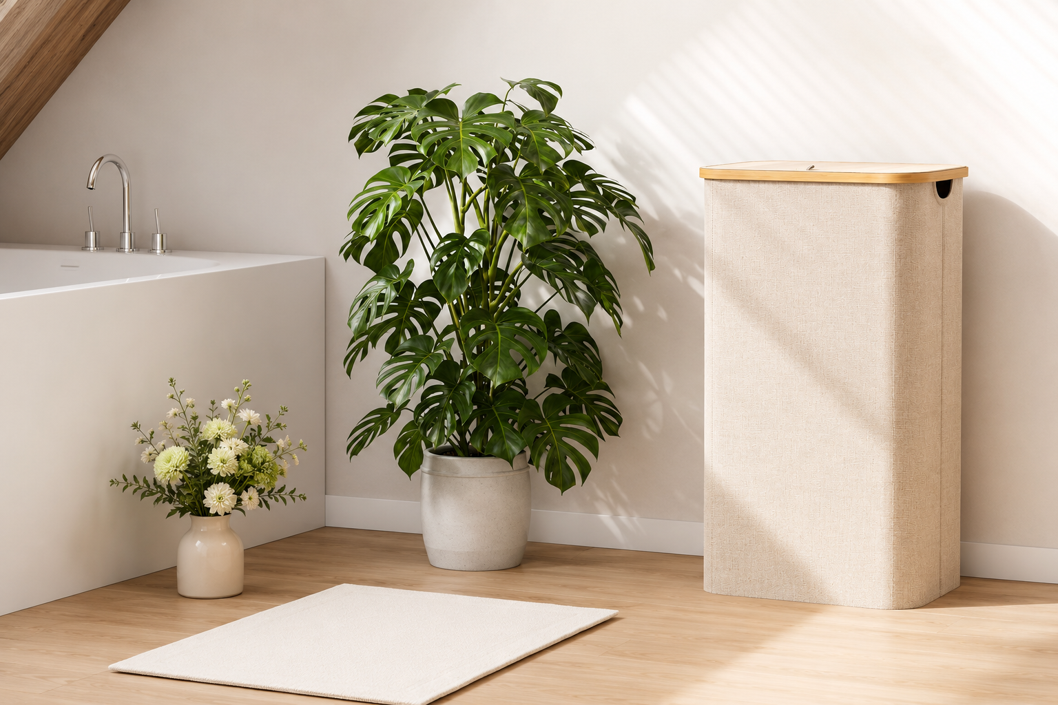 Beige Lifewit 100L laundry basket with lid, bamboo handles, and removable inner bag in a bright laundry room.