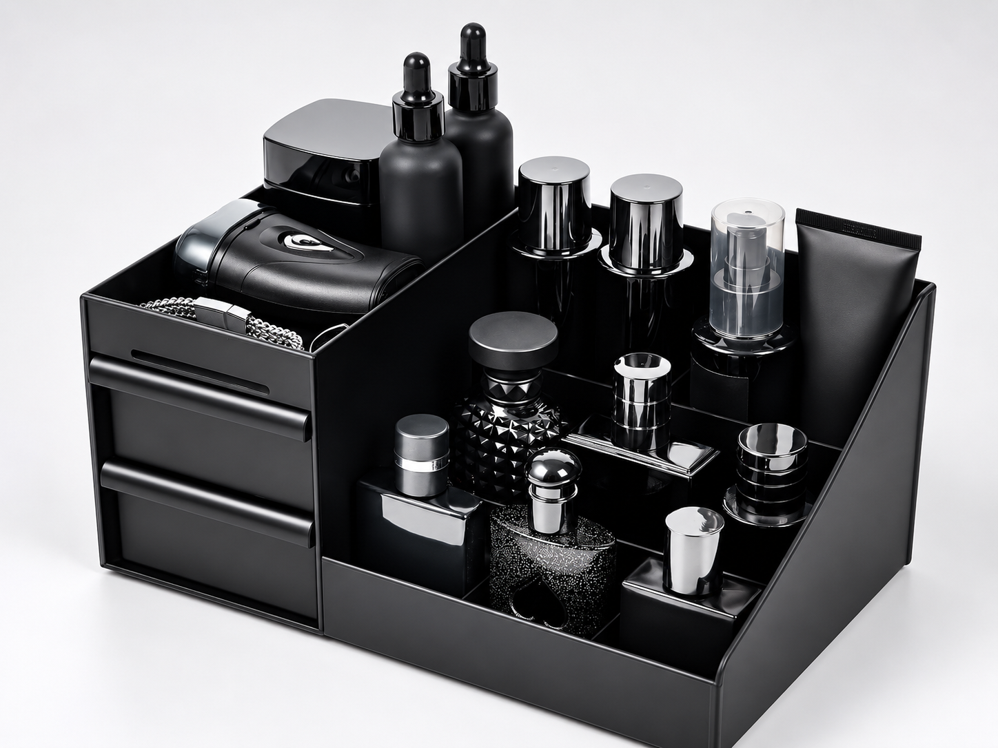  men’s cologne organizer stands with perfume bottles and two storage drawers on a bedroom dresser.