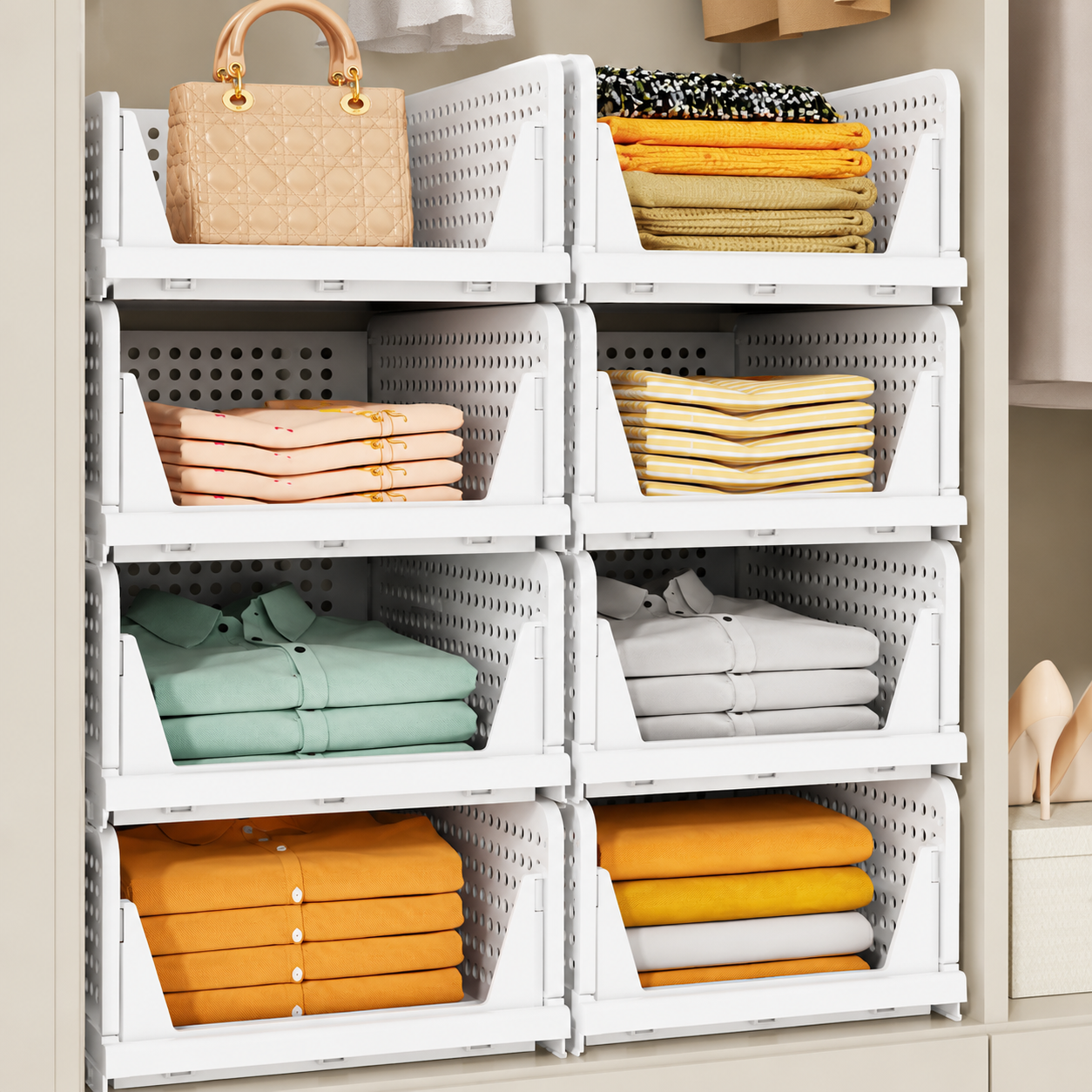 Multifunctional Storage Basket Organizer folded clothes on modern white wardrobe shelves