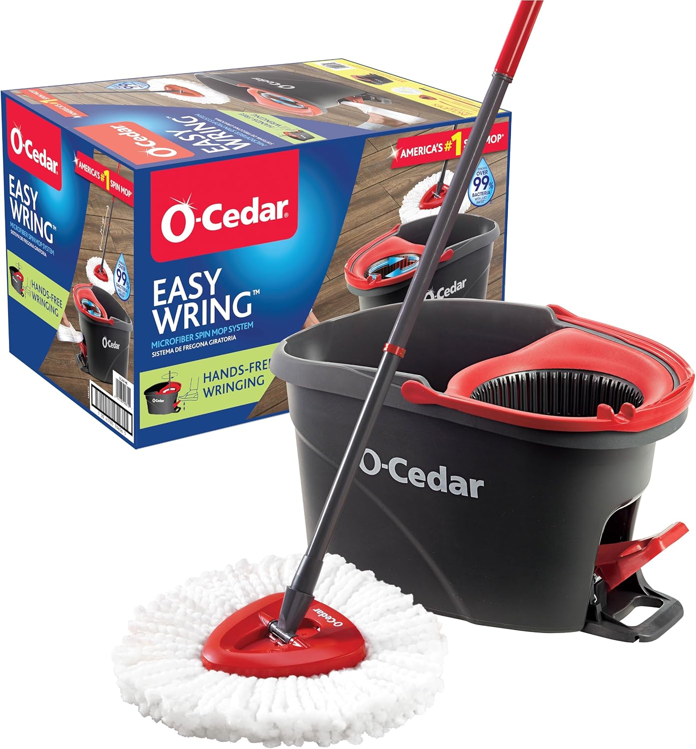 Microfiber Floor Cleaning System with red and gray foot-pedal bucket on a clean hard floor.