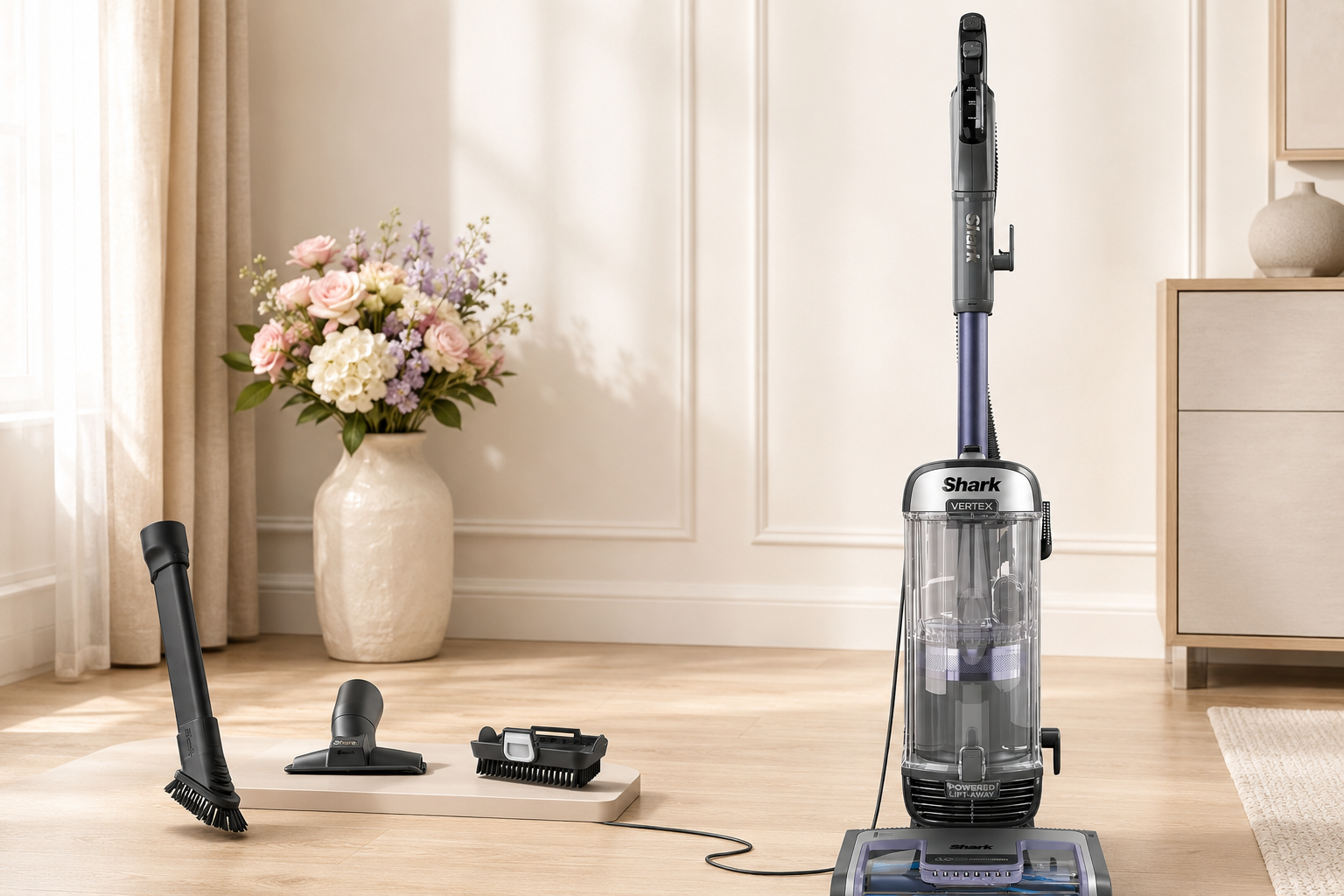 Dark Lilac Shark Vertex DuoClean Vacuum displayed on carpet and hard flooring with its pet and crevice cleaning tools.