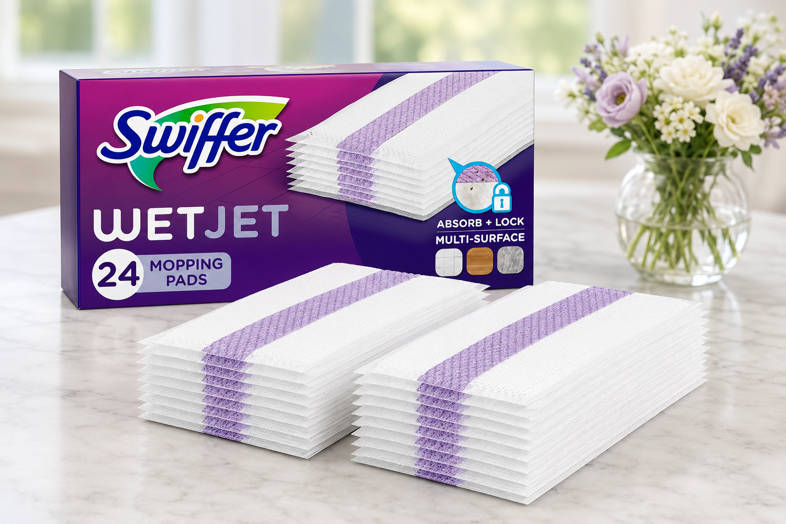 Swiffer WetJet mop pad refills arranged beside a spray mop on a clean finished hardwood floor.