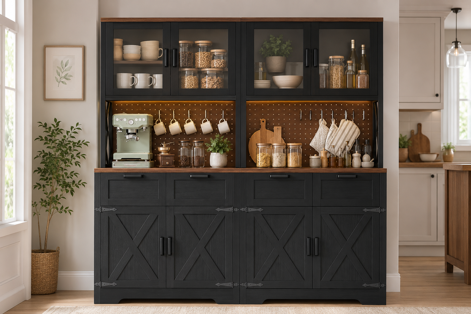 Unikito Kitchen Storage Cabinet with glass doors, drawers, pegboards, LED light, outlets, and two open countertops.
