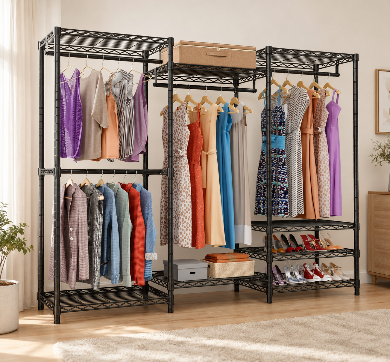 Black VIPEK Portable Clothes Rack with four hanging rods, eight wire shelves, clothes, shoes, and storage boxes