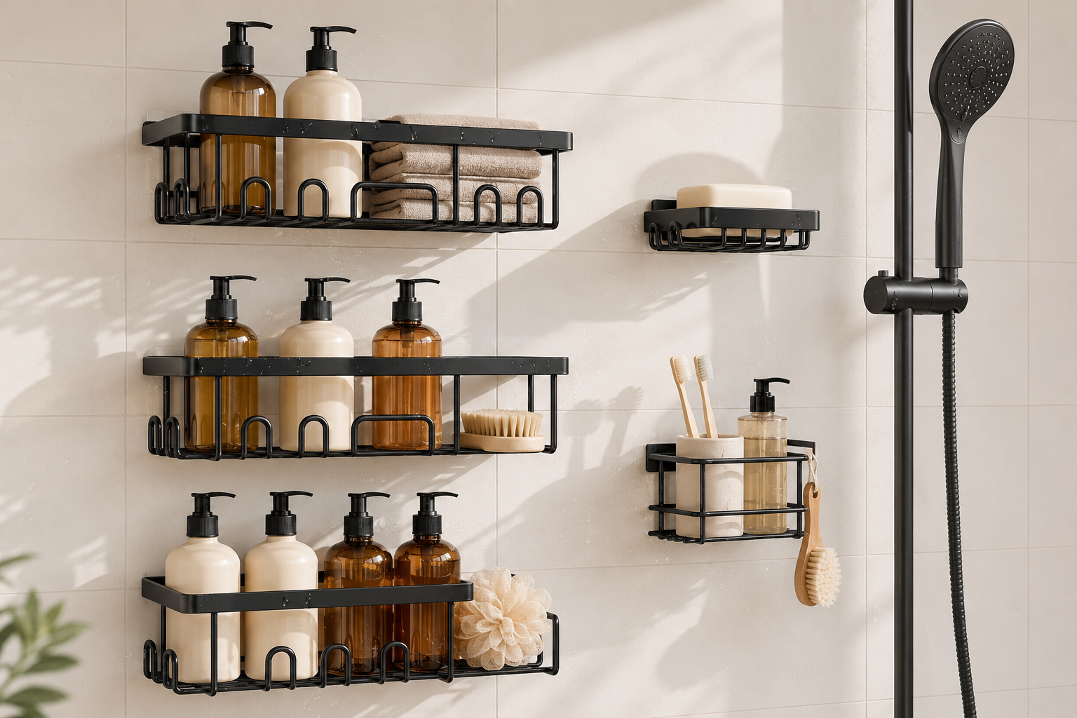 Veken rustproof shower caddy set mounted on a tiled bathroom wall with shelves holding shampoo, conditioner, body wash, and soap.