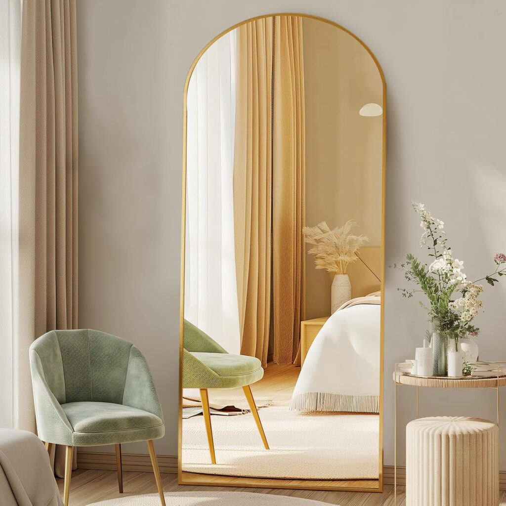 DUMOS Gold Arched Floor Mirror 64x21 inch full-length mirror with gold aluminium frame and arched design for modern bedroom and home décor.