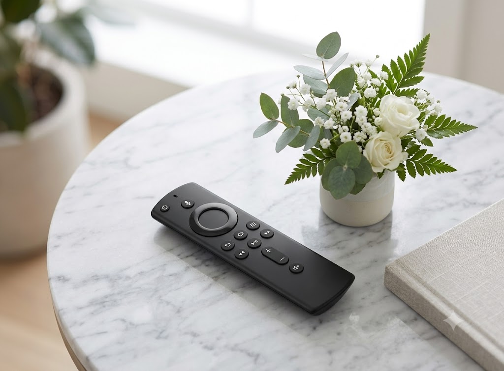 Alexa Voice Remote Control. A sleek black Alexa Voice Remote Control resting on a light wooden table in a brightly lit modern living room with a TV in the background.