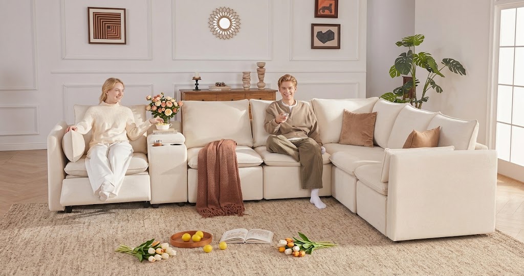 Beige power reclining sofa. Beige 6-seater power reclining sectional sofa set with center storage console in a modern living room.
