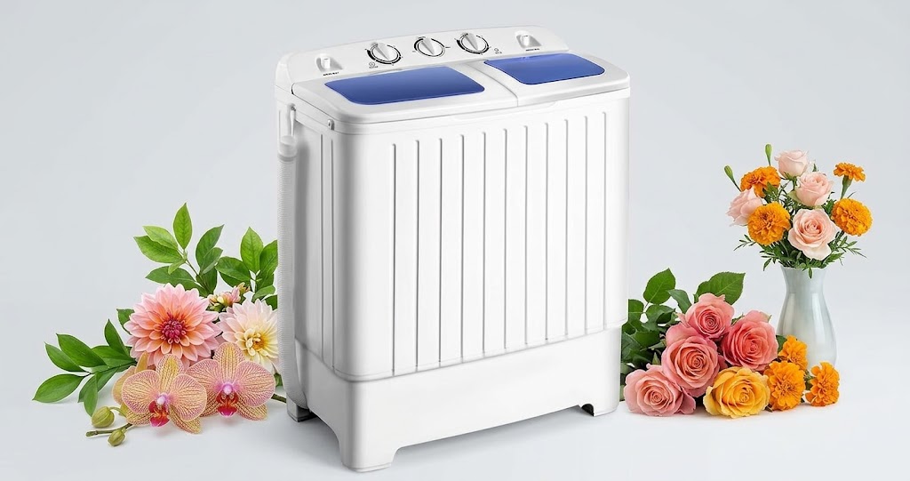 Giantex compact portable twin tub washing machine in a modern apartment bathroom.