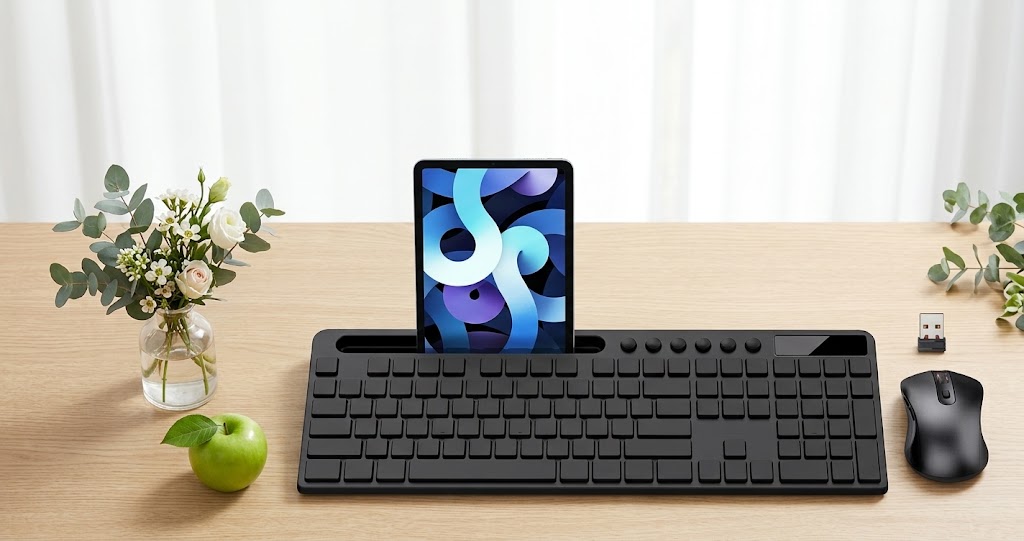 Cordless Multi Device Setup. MARVO wireless keyboard and mouse combo with phone holder on a clean office desk.
