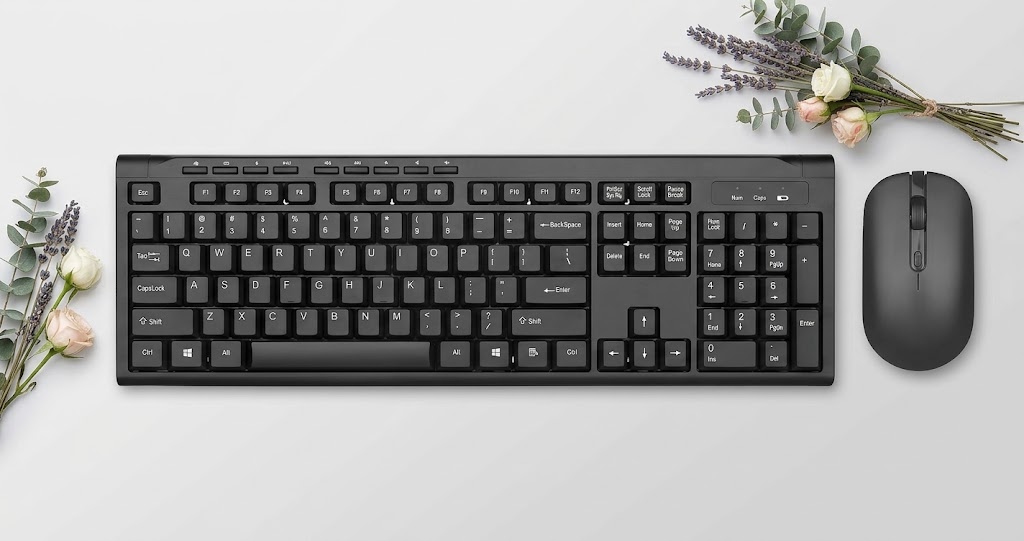 Cordless USB Receiver Connectivity. Rii RK211 full-sized wireless keyboard and adjustable DPI mouse on a clean workspace desk.