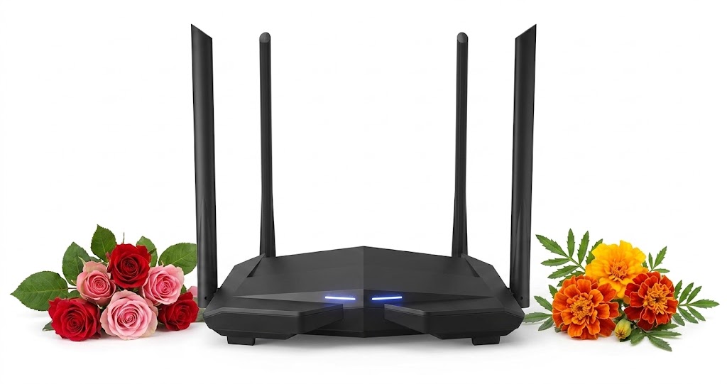 Dual Band Gigabit Speed. AC10 dual band gigabit speed wireless router with four external antennas on a home office desk.