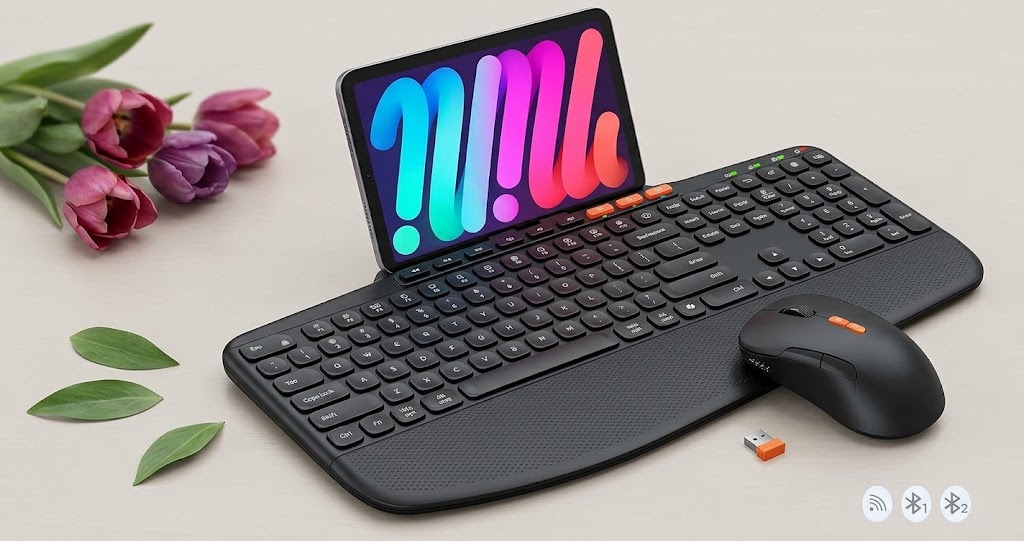 Ergonomic wireless keyboard mouse. MEETION ergonomic split wireless keyboard and contoured mouse on a modern workspace desk.