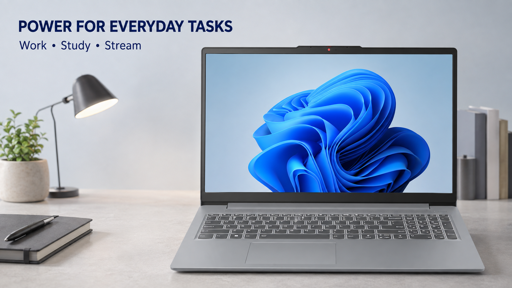 Lenovo IdeaPad Slim Laptop. Arctic Grey Lenovo IdeaPad Slim 3 laptop with a 15.6-inch Full HD screen on a clean home-office desk.