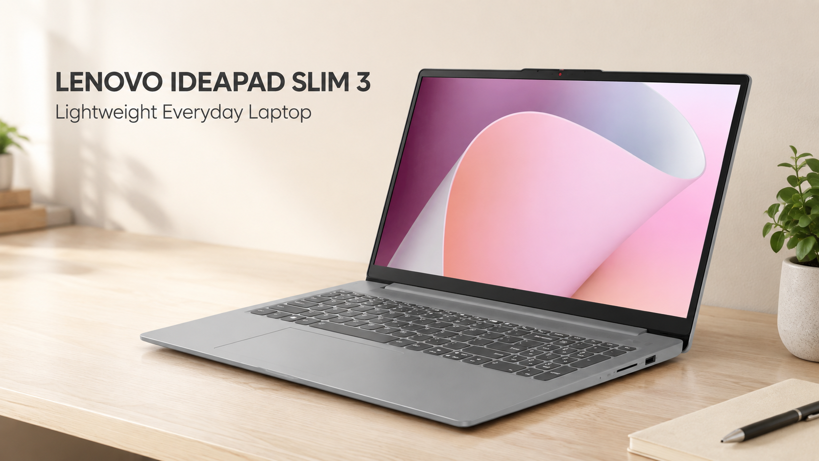 Lenovo IdeaPad Slim Laptop. Arctic Grey Lenovo IdeaPad Slim 3 laptop with a 15.6-inch Full HD screen on a clean home-office desk.