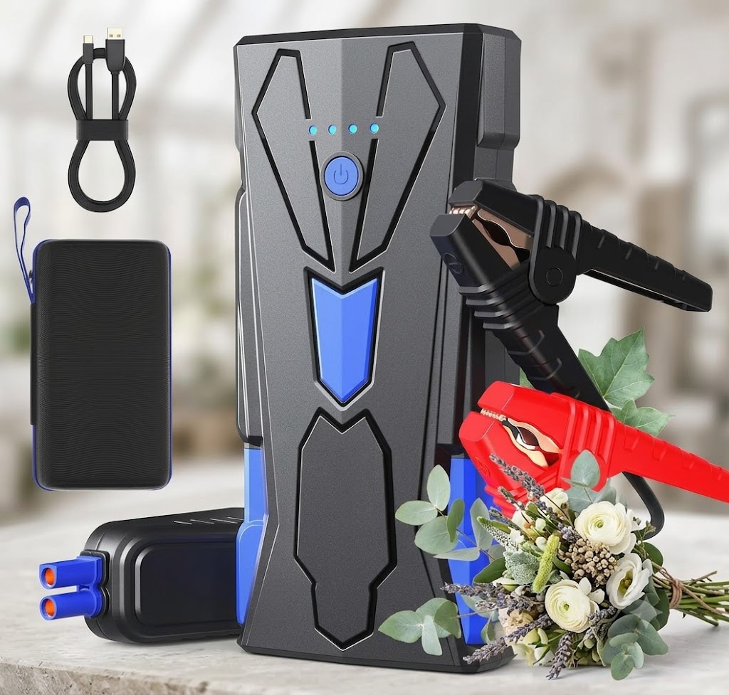 AUTOONE 6000A portable car jump starter connected to a 12V car battery.