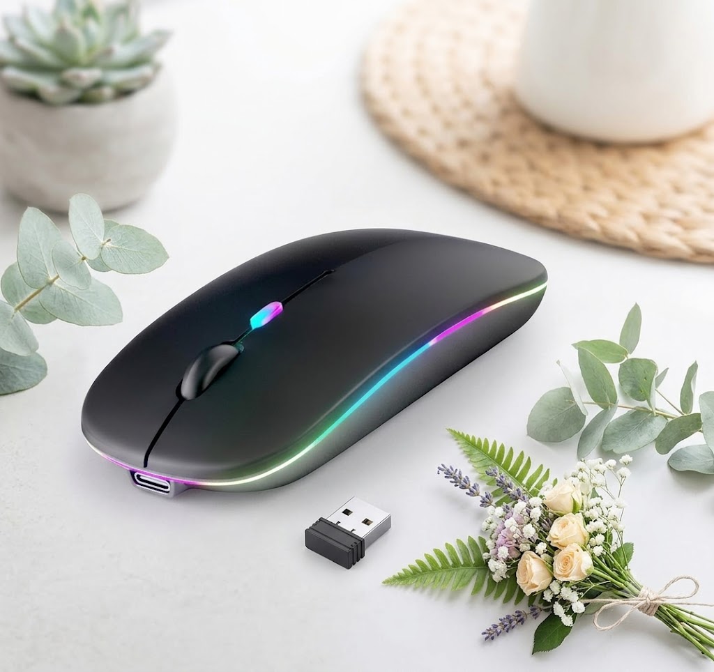 Rechargeable Ergonomic Computer Mouse. Black Afaartcci rechargeable ergonomic wireless mouse sitting on a wooden home office desk next to a laptop.