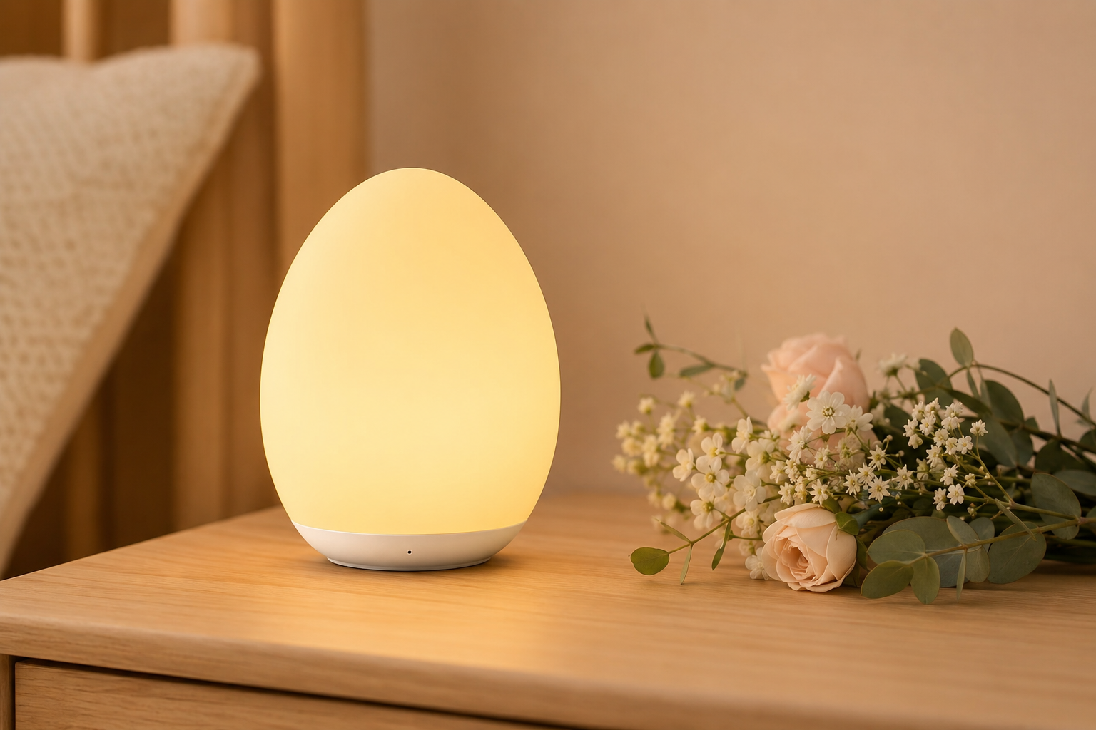 Rechargeable kids’ night lamp glowing softly on a nursery table beside a folded baby blanket.