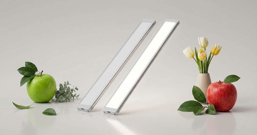 Rechargeable Motion Sensor Light. 14.7-inch rechargeable motion sensor light installed under a kitchen cabinet.