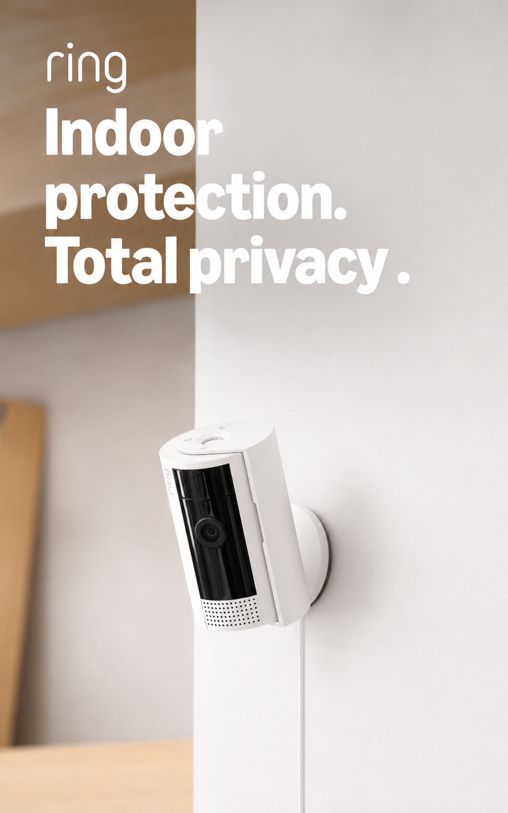 White Ring Indoor Security Camera placed on a shelf for indoor home monitoring