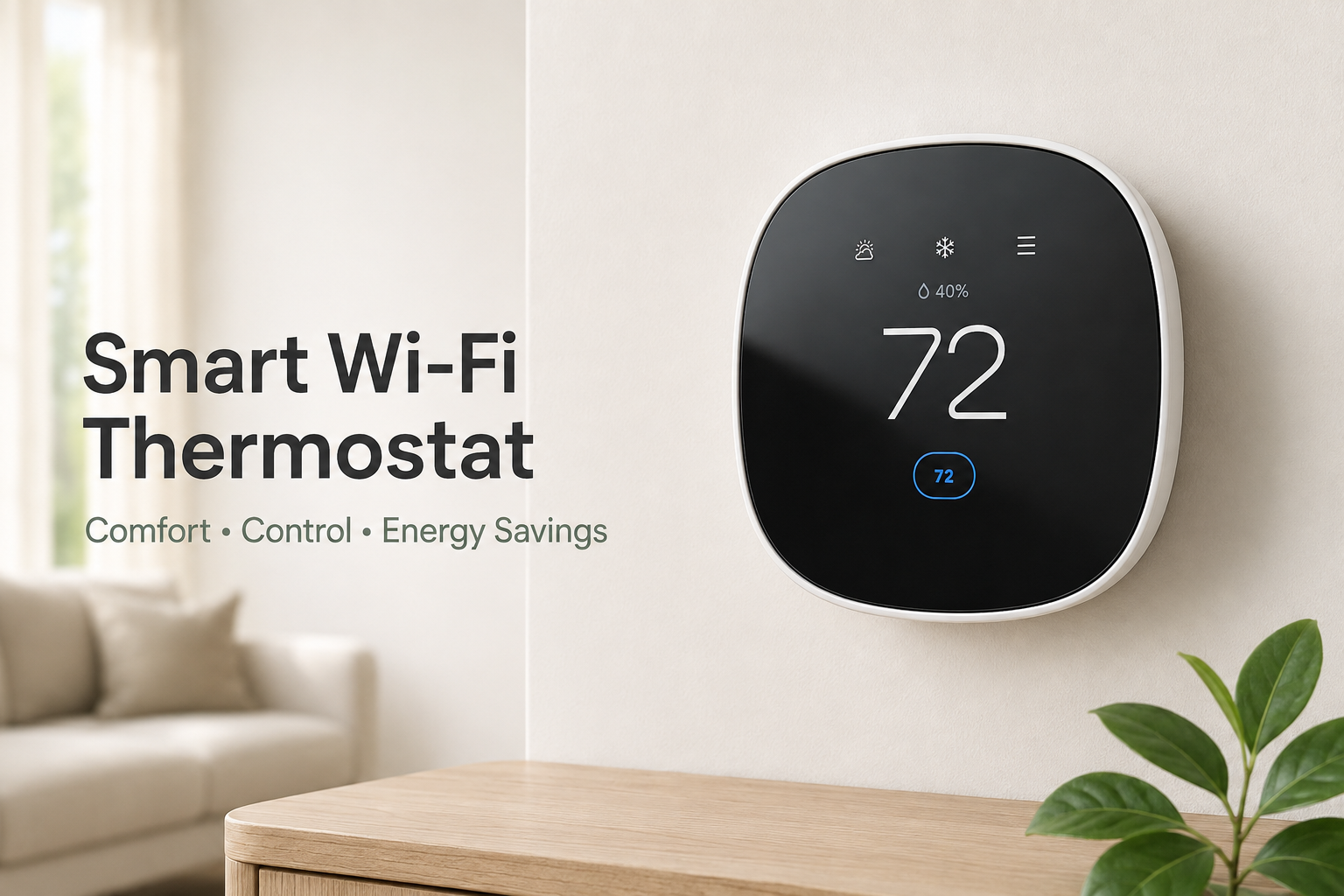 Ecobee Smart Thermostat Essential mounted on a clean wall in a bright modern living room.