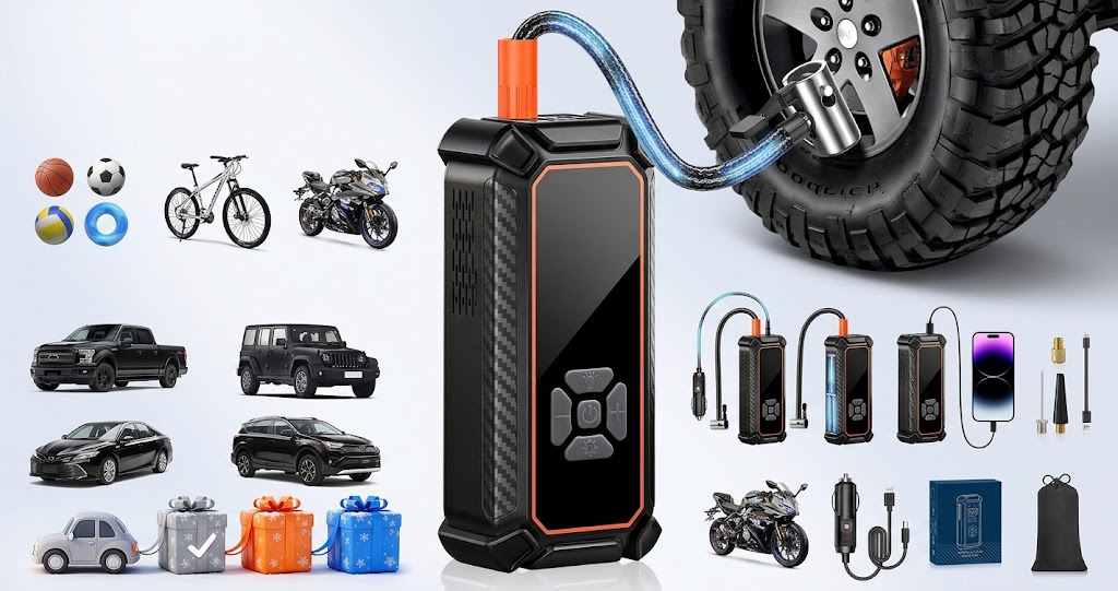 OlarHike cordless portable air compressor resting beside a car tire with its digital screen active.