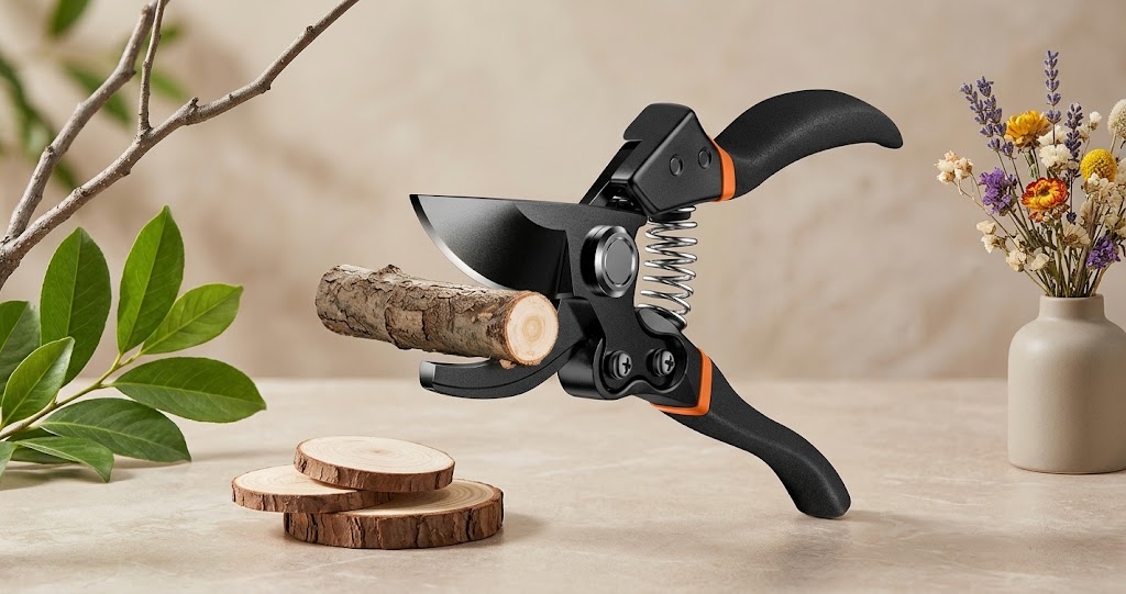 8.5-inch garden pruner with Japanese SK5 titanium blade resting on a garden workbench.