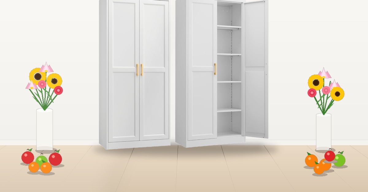 Multipurpose Pantry Storage Organizer. 71-inch white metal pantry storage cabinet with two gold handles standing in a bright home kitchen.