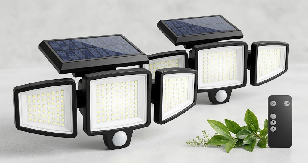 Waterproof Solar security lights. Tuffenough three-head waterproof solar security lights with remote control on an outdoor wall surface.