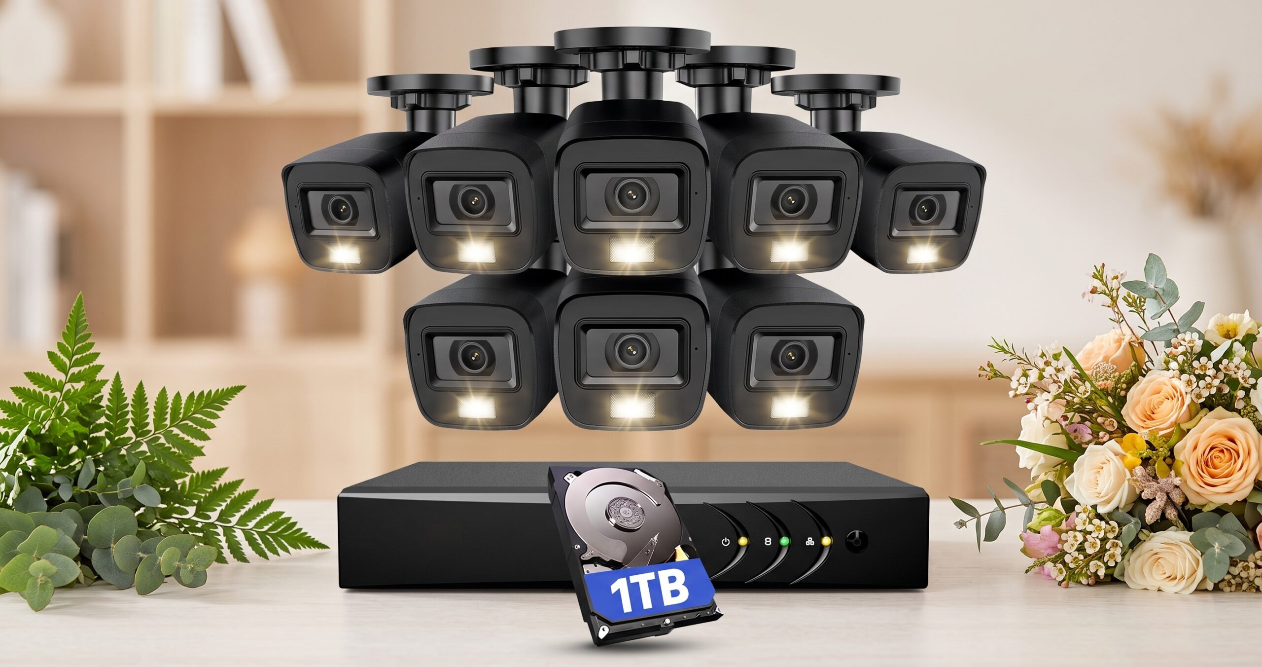 Weatherproof outdoor security cameras installed under home roof eaves for perimeter surveillance.