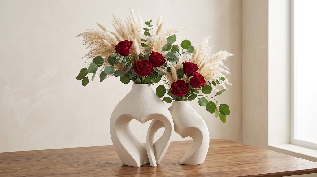 Minimalist white ceramic flower vase set of two arranged on a wooden table with dried pampas grass.